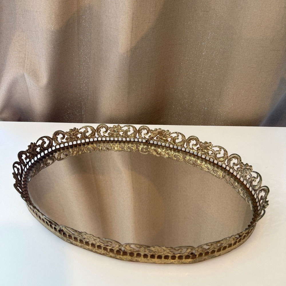 Vintage Gold Filigree Oval Mirror Vanity Tray Hollywood Regency Ornate Footed